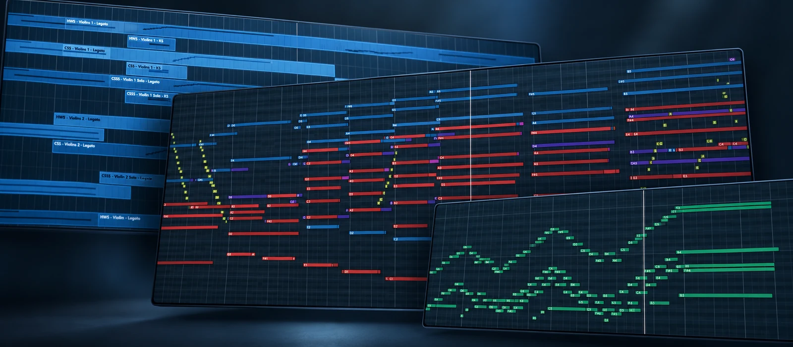 Three DAW screens with MIDI piano rolls and track lanes for violin legato and keyswitch patches, rendered in blue, red, purple, and green on a dark background