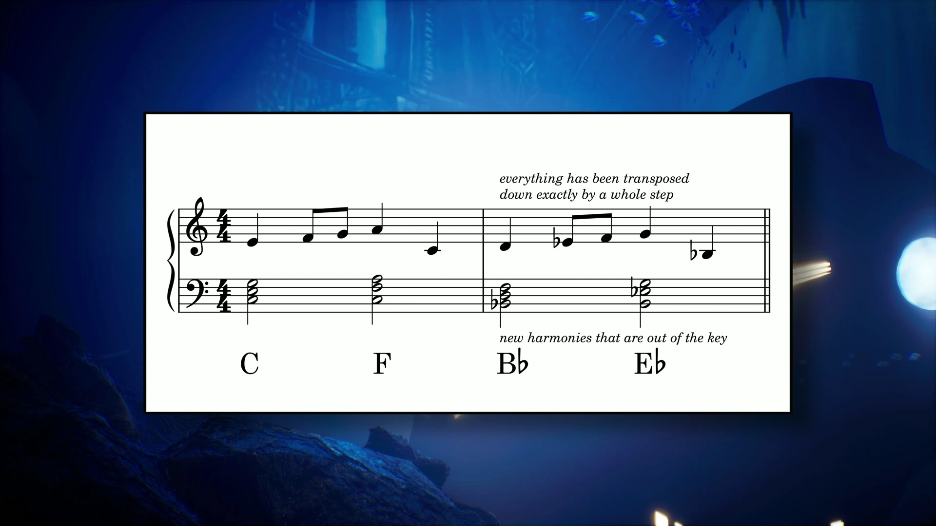 A notated melody and chord sequence demonstrating transposition and new harmonies in the Expedition Nautilus harmony lesson.