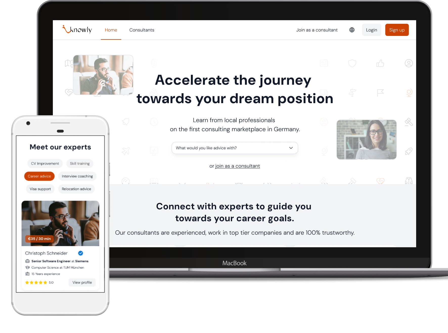Mockups of the user interface, arranged on Desktop and Smartphone