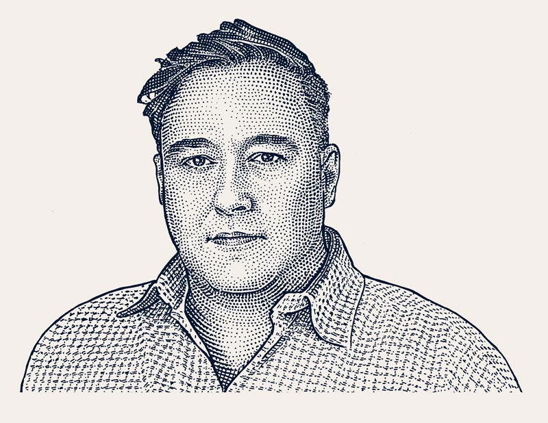 Illustration of Alan Hudgins, brand and web designer and digital marketer. Illustration drawn by the Wall Street Journal's Noli Novak.