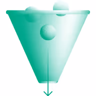 An icon with balls falling into a funnel with a down arrow representing a funnel for Conversion Rate Optimization (CRO)