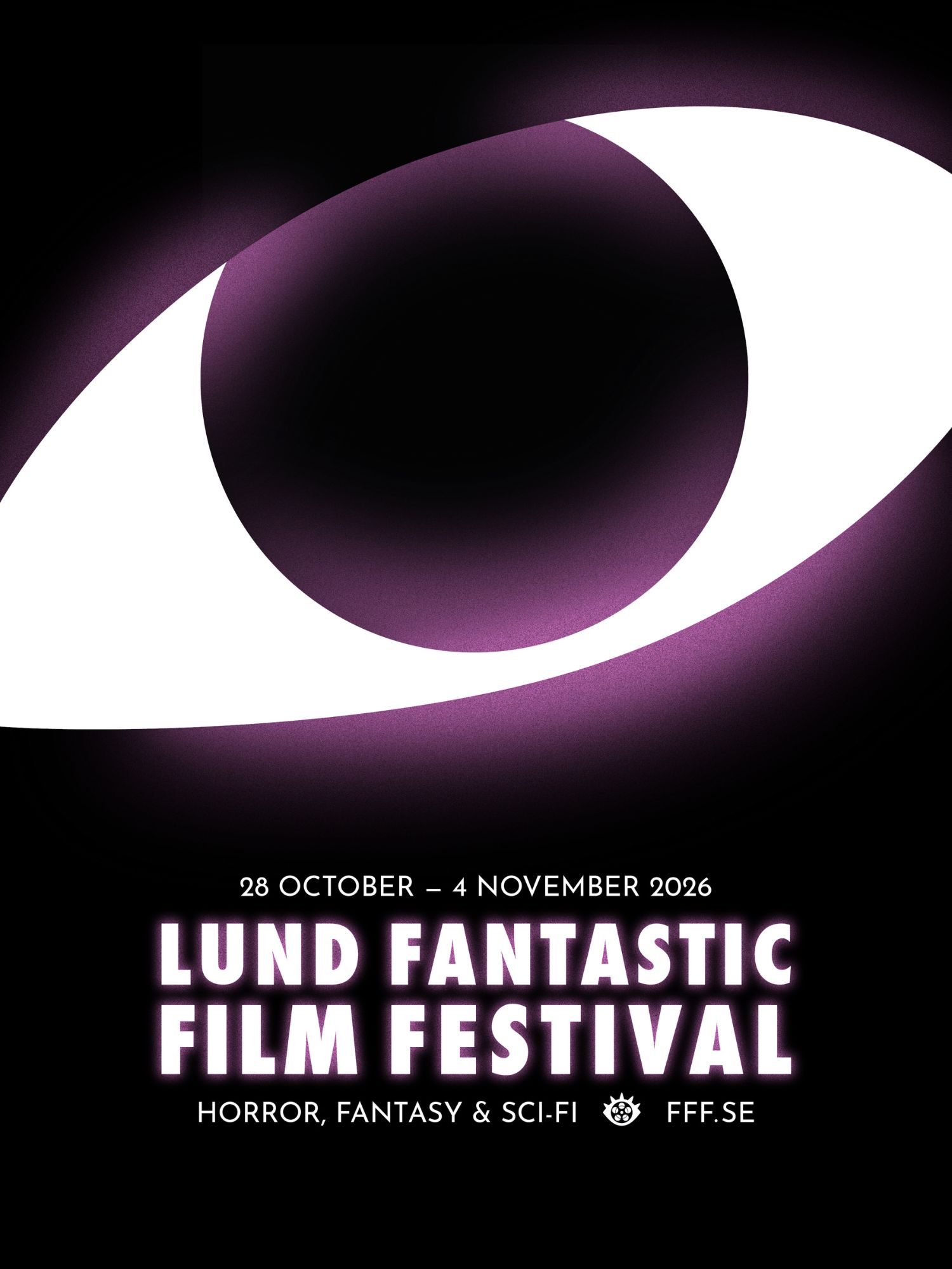 Speaker standing in front of a screen displaying the Lund Fantastic Film Festival logo and artwork in a dark theater with audience seated.