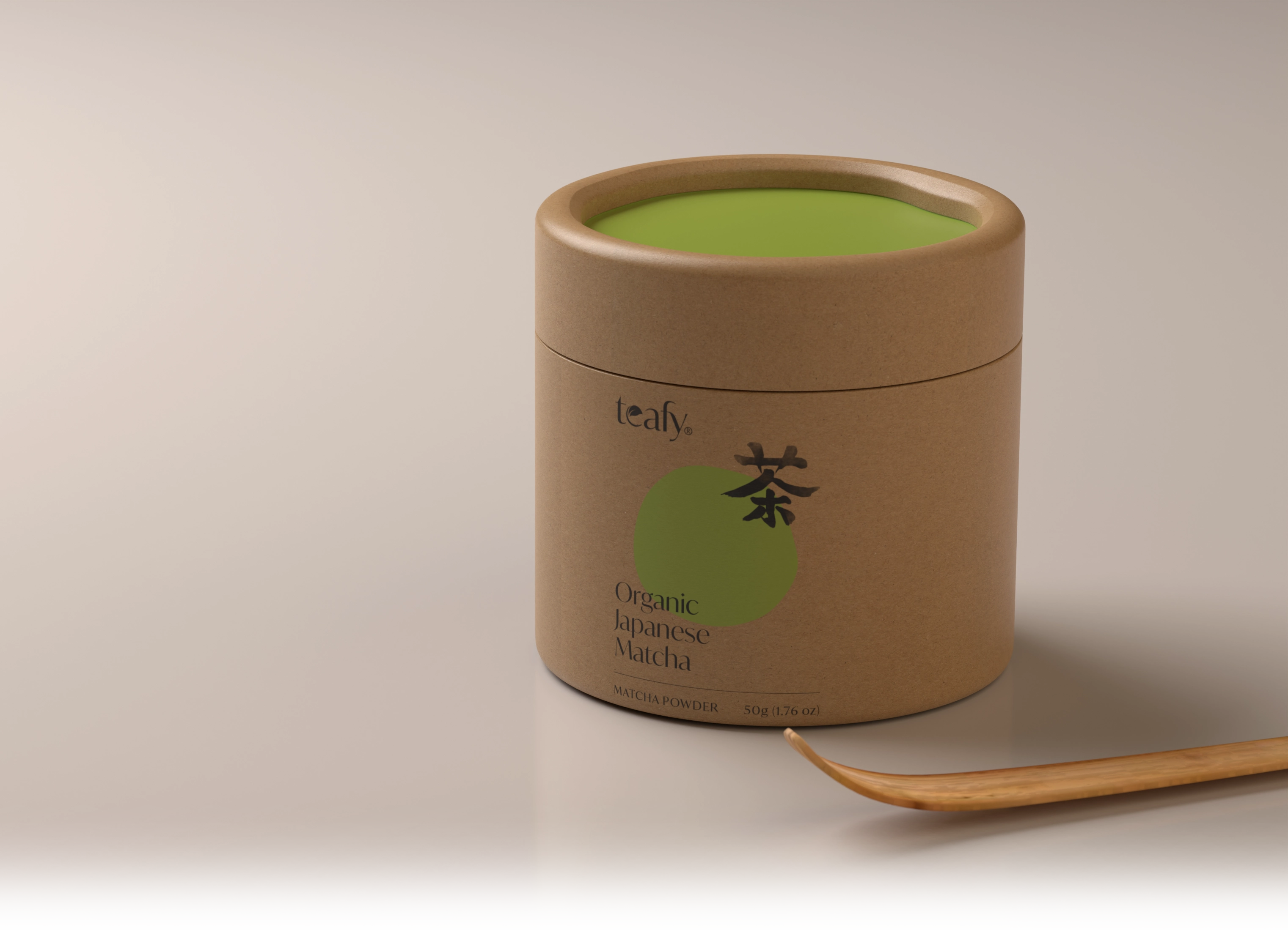 Brown cylindrical container of organic Japanese matcha powder with a green circle label and a wooden scoop beside it.