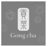 Gong cha logo with Chinese characters and fireworks graphic on dark background.