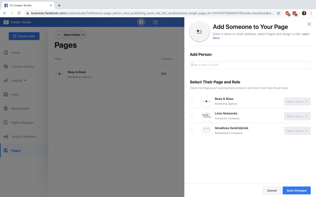 Facebook Creator Studio, Add someone to your page