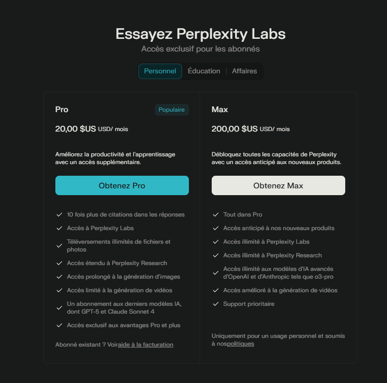 tarification Perplexity pro