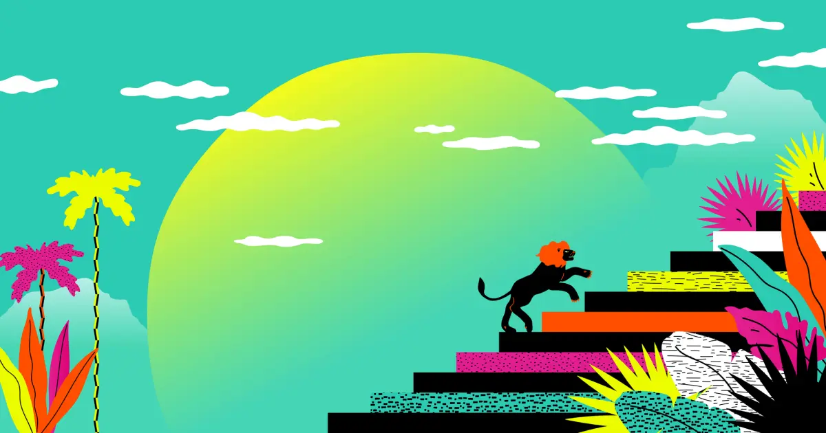 Image avec un lion grimpant des marches et un soleil en arrière plan