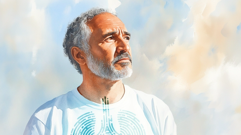 AstraZeneca “Take Care of Yourself Today” lung cancer campaign key visual: watercolour portrait of an older man wearing a t-shirt printed with stylised lungs