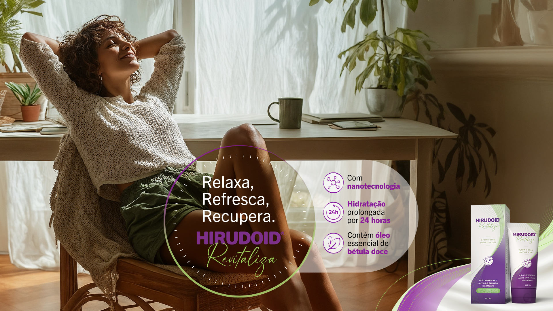 Hirudoid Revitaliza key visual: a woman relaxing in an armchair beside the product benefits panel