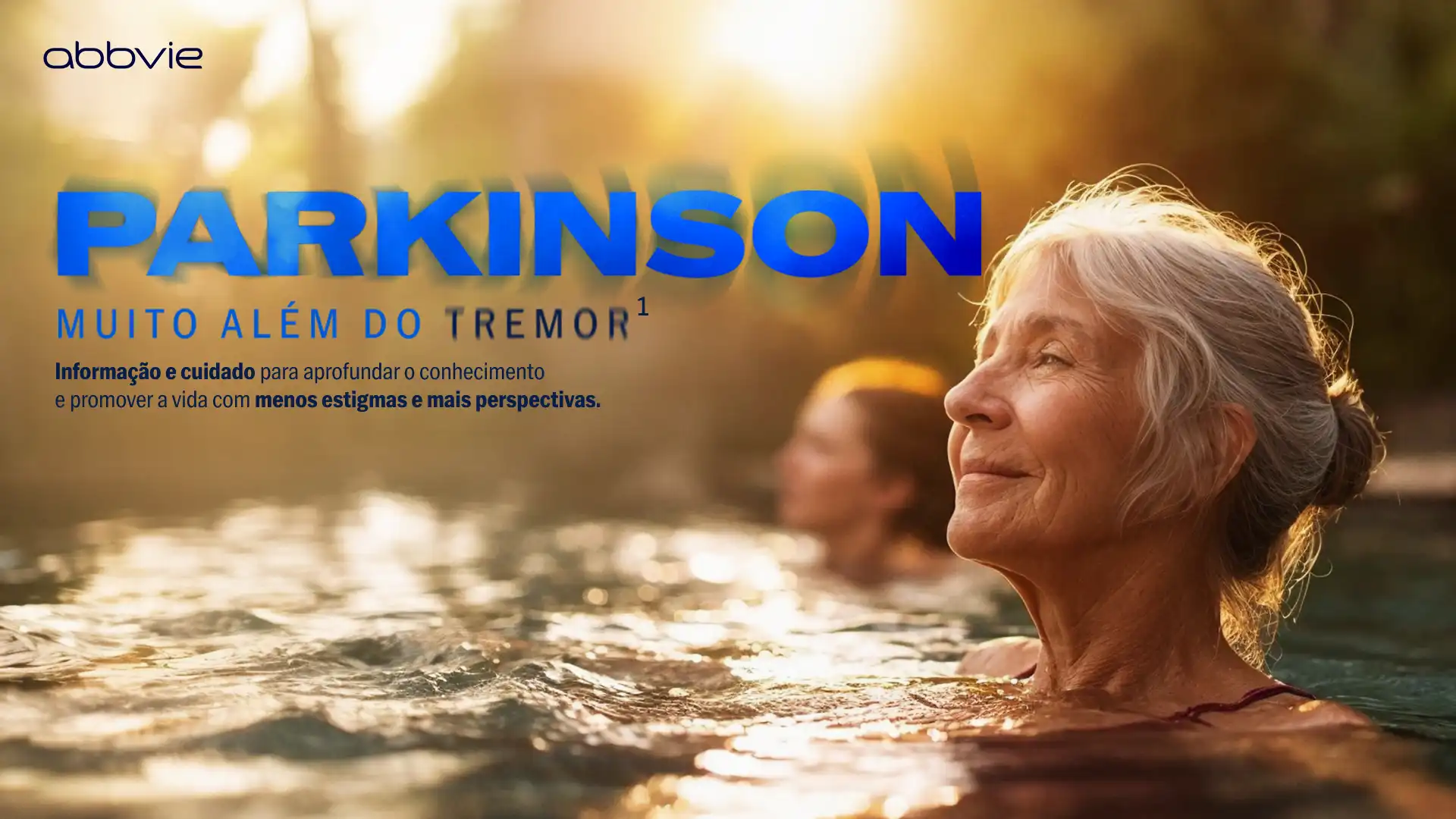 AbbVie Parkinson campaign key visual: an older woman swimming outdoors at sunset