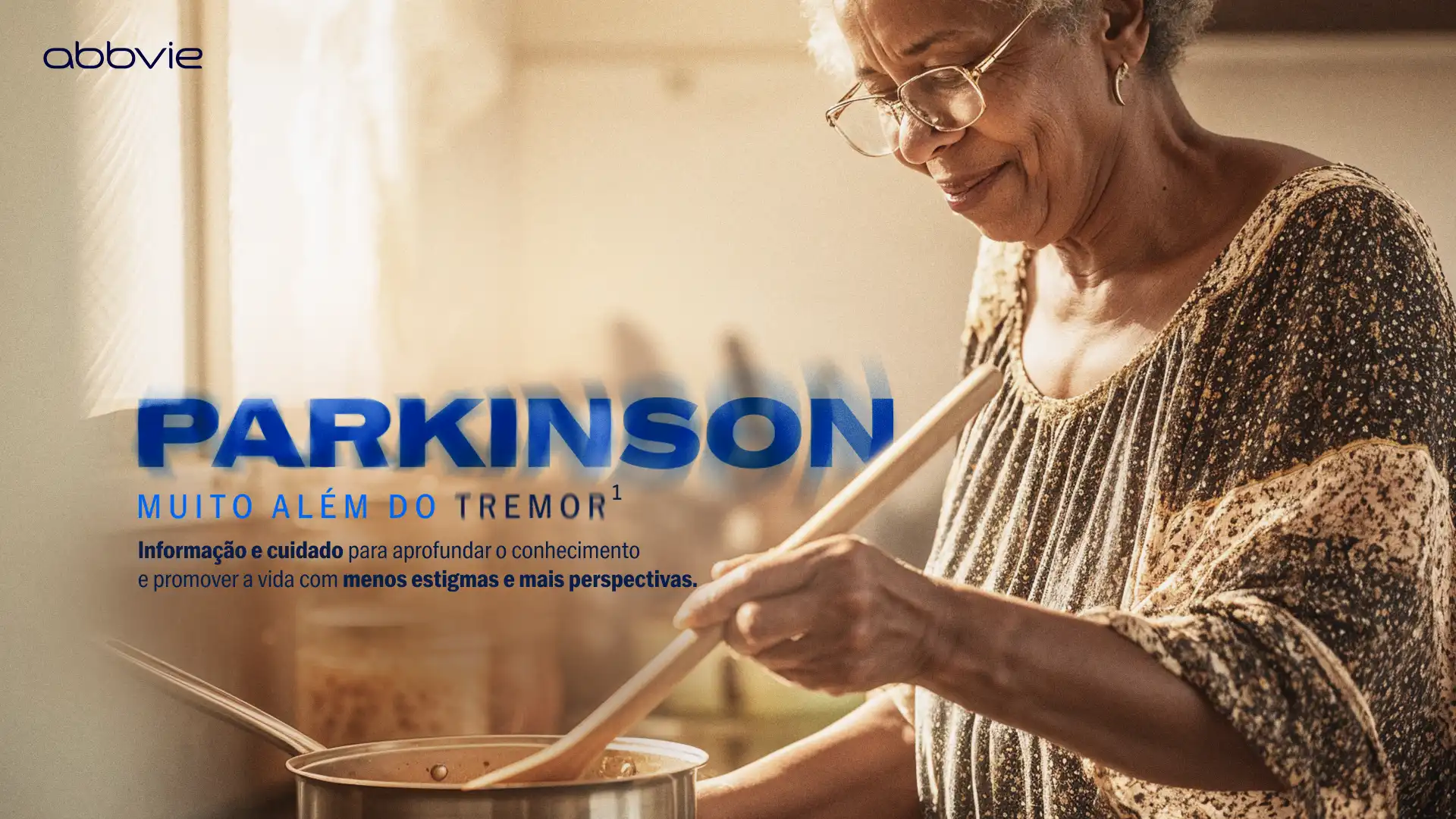 AbbVie Parkinson campaign key visual: an older woman cooking at the stove
