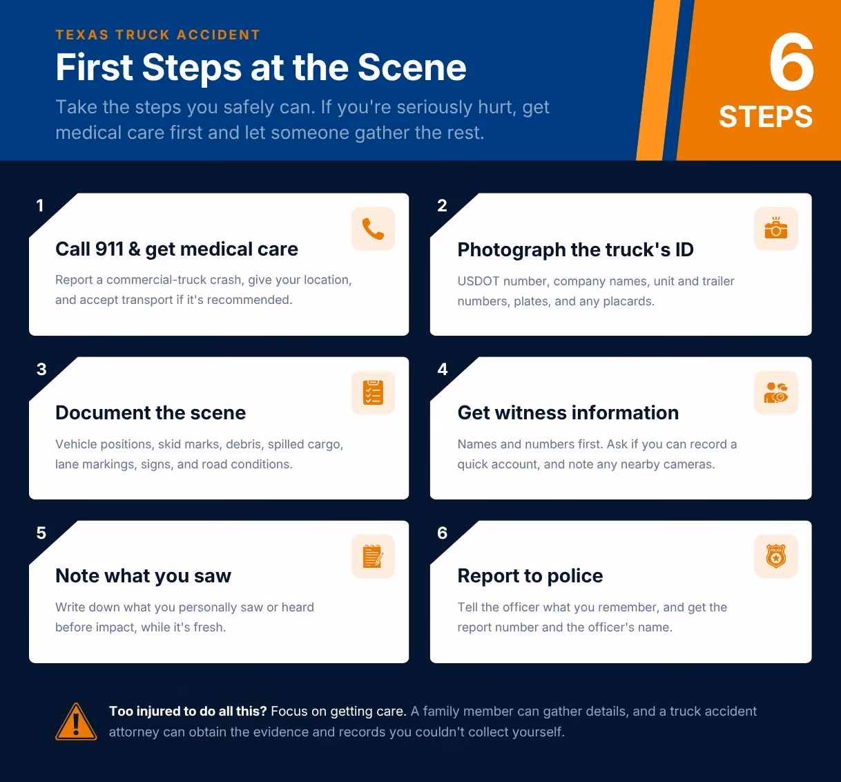Checklist of six first steps at a Texas truck accident scene, starting with calling 911