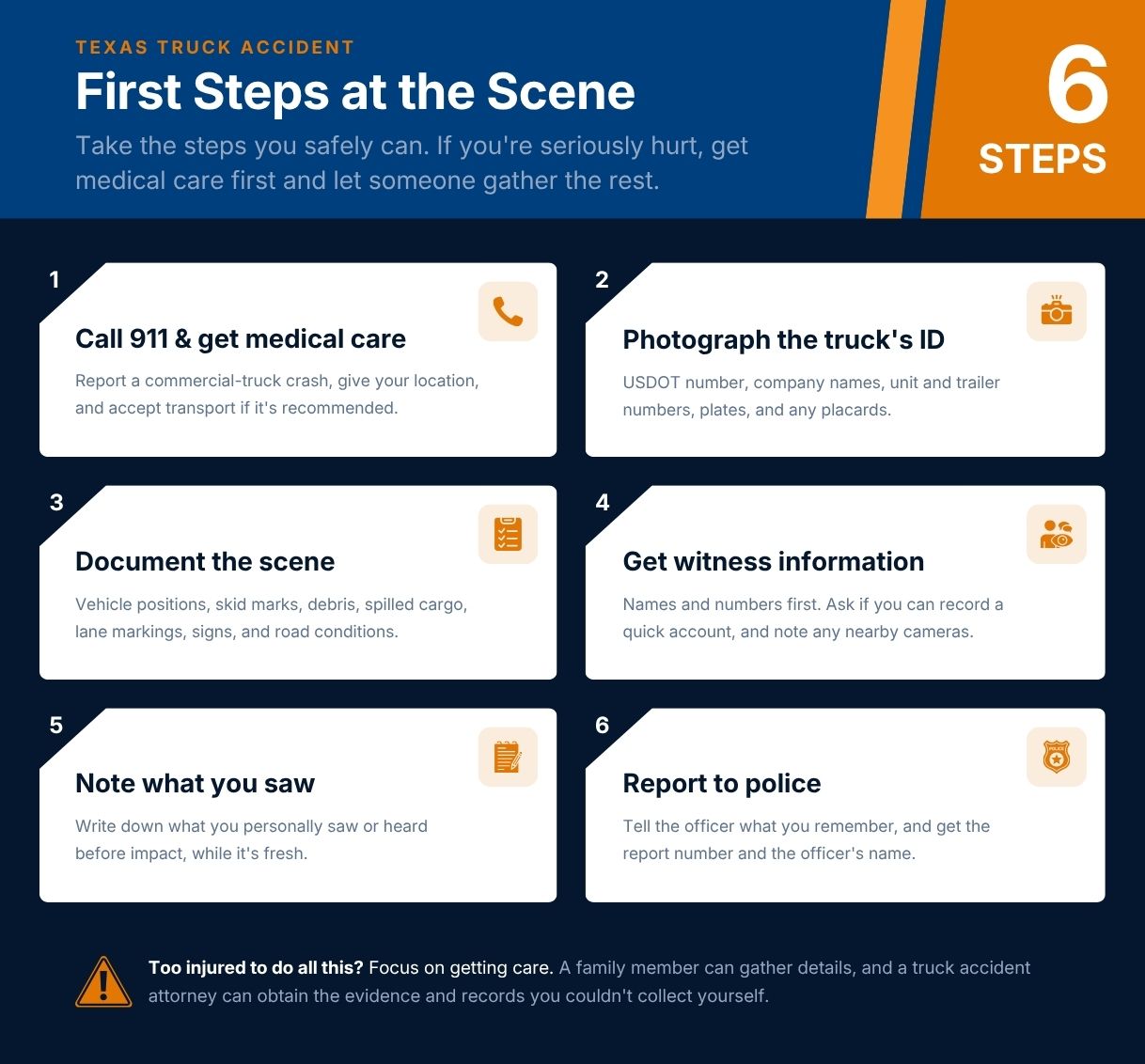 Checklist of six first steps at a Texas truck accident scene, starting with calling 911