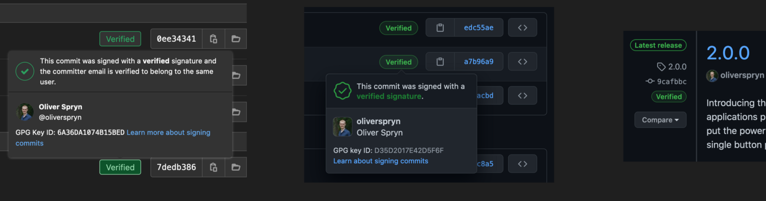 Three screenshots from GitLab and GitHub showing commits and tags which were verified with GPG