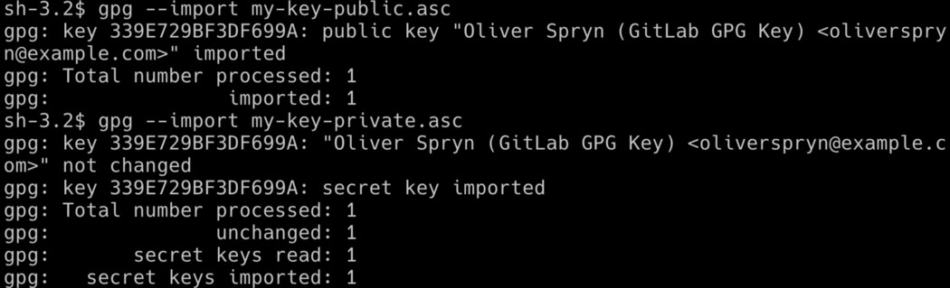 The result of importing a public and private key into GPG in a terminal