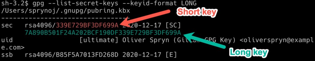 A terminal showing a single GPG key located in the keychain with the short and long keys highlighted to show the difference