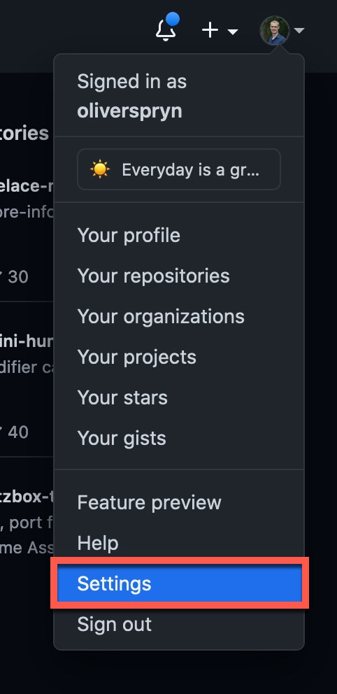 GitHub's user settings option from the profile menu