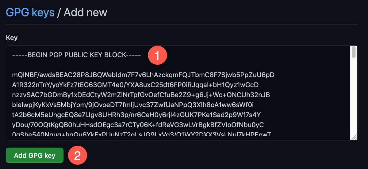 The GPG entry interface in GitHub