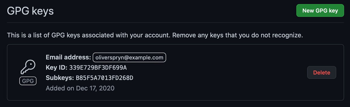 A newly added GPG key in GitHub
