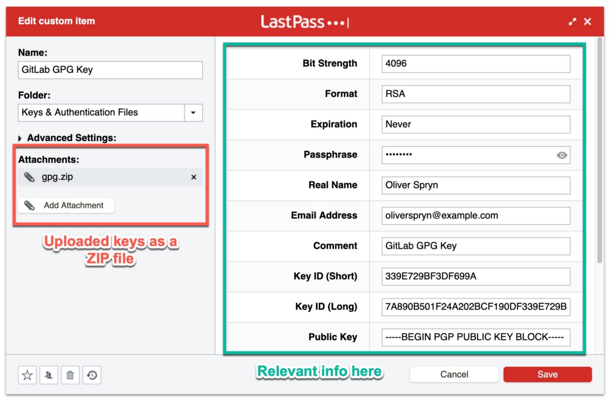 An entry in a LastPass vault showing how the GPG is stored inside for later retrieval