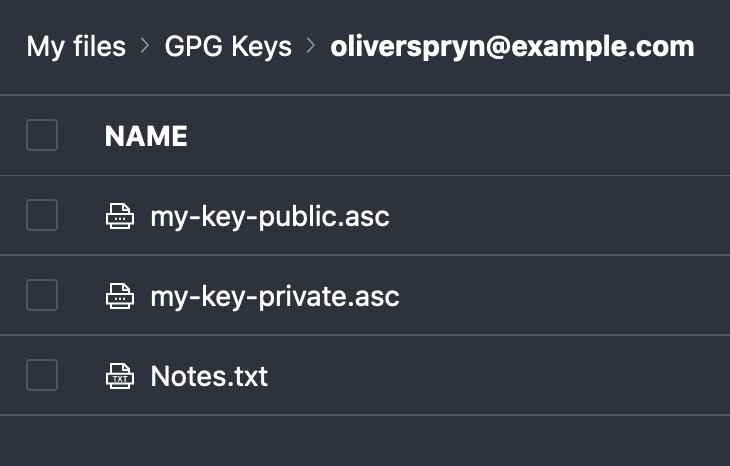 A folder in a ProtonDrive folder showing how the GPG is stored inside for later retrieval