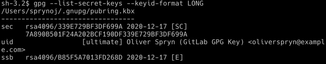 A terminal showing a single GPG key located in the keychain