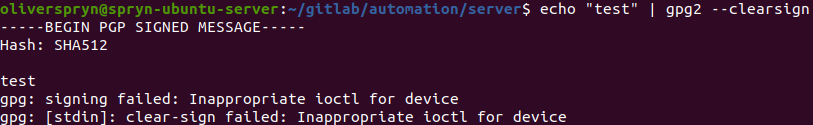 The output of a failed signing operation with GPG2
