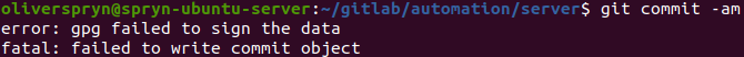 A terminal window showing Git failing to sign a commit