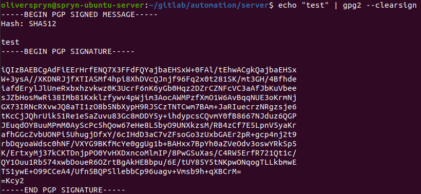 A terminal showing the output of a successful signing operation with GPG2