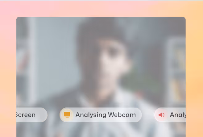 Blurred image of a person in the background with UI elements showing 'Analysing Webcam' and a speaker icon.