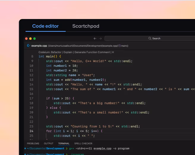 Dark-themed code editor with C++ code displaying a main function printing messages and summing two numbers.