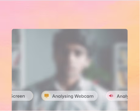 Blurred webcam view of a person with interface labels reading 'Analysing Webcam' and other options on a gradient pink and orange background.