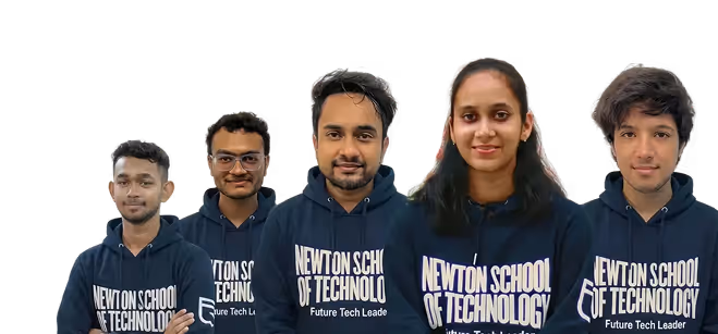 Five young people wearing navy blue hoodies with 'Newton School of Technology Future Tech Leader' printed on them, standing in a row.
