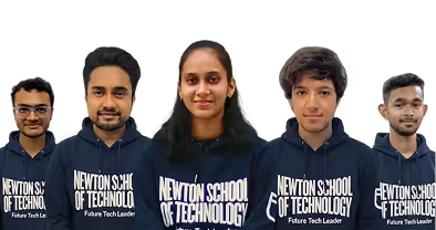 Five young adults wearing matching Newton School of Technology hoodies posing and smiling against a plain background.
