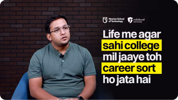 Man with glasses in a green shirt sitting against a dark brick wall background with text in Hindi about choosing the right college for career success.