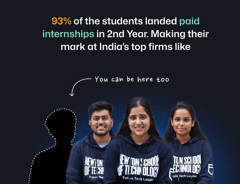 Text stating 93% of students landed paid internships in 2nd year, with three smiling Newton School of Technology students and an outlined silhouette labeled 'You can be here too'.