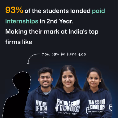 Text stating 93% of students landed paid internships in 2nd year, with three students in Newton School hoodies below and an arrow pointing to a blank silhouette labeled 'You can be here too'.