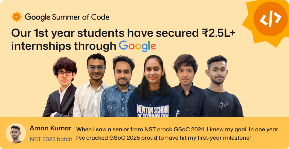 Google Summer of Code banner featuring six students and a testimonial from Aman Kumar about securing 2.5L+ internships through Google.