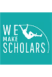Graphic with teal background showing text 'We Make Scholars' and a white silhouette of a person reading a book.