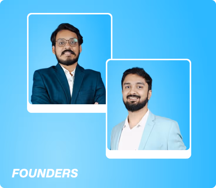Portraits of two male founders wearing blazers, one in dark blue and the other in light blue, on a blue background with the word 'FOUNDERS' in white.