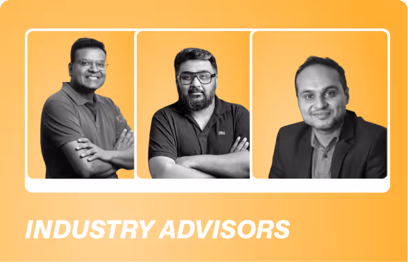 Three men posing with crossed arms and smiling, labeled as Industry Advisors on an orange gradient background.