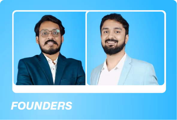 Portraits of two men labeled as founders against a blue gradient background.