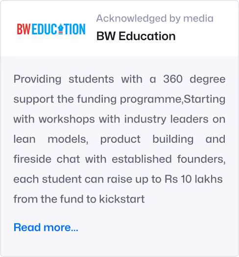 BW Education logo with text highlighting 360-degree support in funding through workshops, industry leader sessions, and mentorship offering up to Rs 10 lakhs for students.