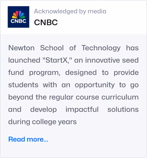 CNBC acknowledgment stating Newton School of Technology launched StartX, an innovative seed fund program for students to develop impactful solutions during college.