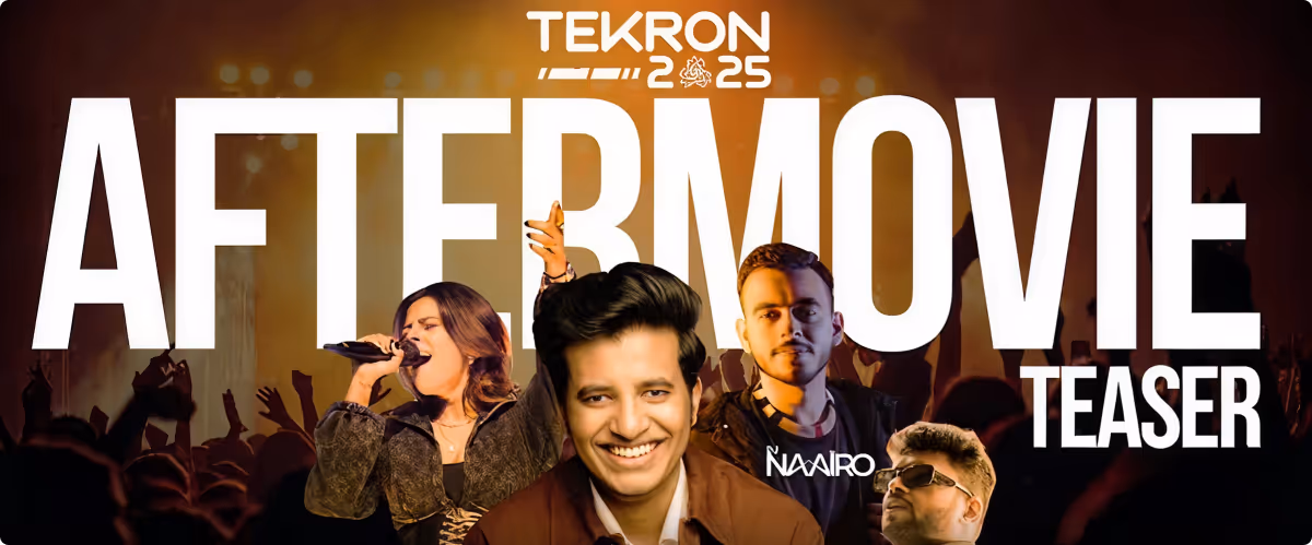 Promotional poster for Tekron 2025 Aftermovie Teaser featuring three individuals and a crowd with raised hands in the background.