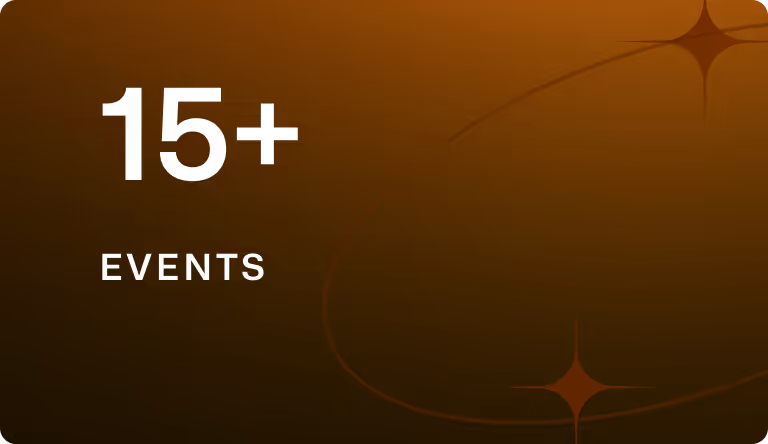 Text reading '15+ events' on a dark orange background with subtle star-like shapes.