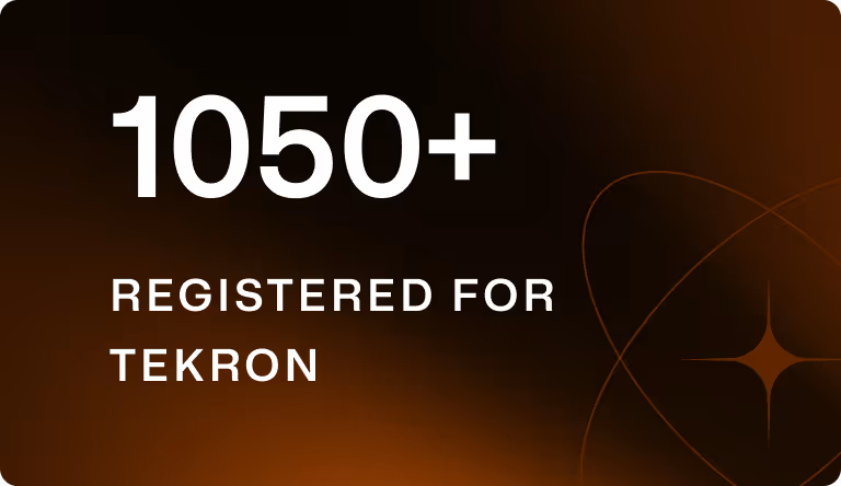 Text showing '1050+ Registered for Tekron' on a dark gradient background with a subtle star and orbit design.