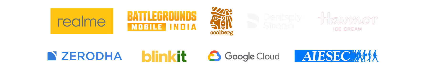 Grid of ten logos including realme, Battlegrounds Mobile India, Aseeburg, Dentsply Sirona, Havmor Ice Cream, Zerodha, blinkit, Google Cloud, and AIESEC.