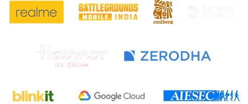 Logos of companies Realme, Battlegrounds Mobile India, Dentsply Sirona, Havmor, Zerodha, Blinkit, Google Cloud, and AIESEC India arranged in three rows on a white background.
