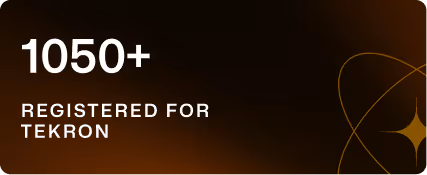 Text reading '1050+ Registered for Tekron' on a dark brown gradient background with a subtle star and orbital line graphic.